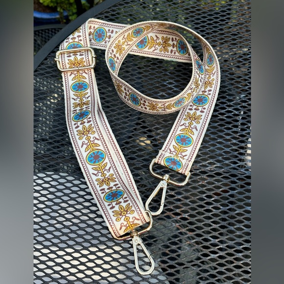 Crossbody Bag Strap In Cream with Blue And Gold. Gold hardware, 2 inches Wide. - Picture 3 of 8